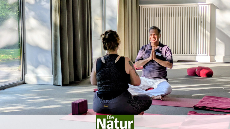 Patientin bei Yoga-Praxis mit Yoga-Therapeut Patientin bei Yoga-Praxis mit Yoga-Therapeut