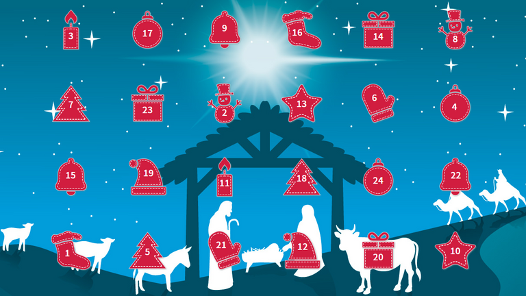 Startseite des digitalen Adventskalenders mit dem Krippenbild als Hintergrund und den roten Türchen in unterschiedlichen Symbolen, Türchen öffnen, Adventszeit, 24 Tage bis Weihnachten, Immanuel Albertinen Diakonie